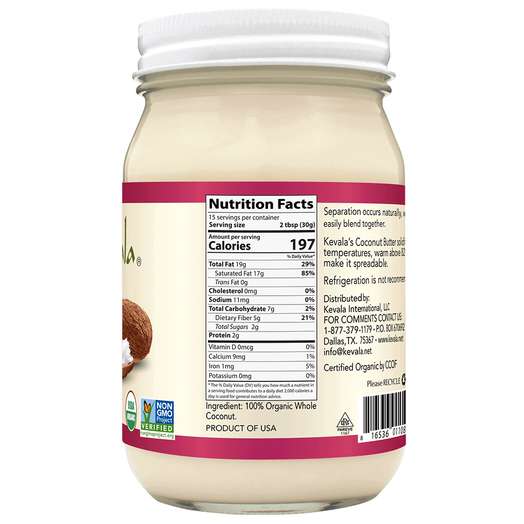 Kevala Organic Coconut Butter is smooth, silky, with a touch of sweetness, made with 100% organic whole coconut. Does not contain preservatives or any other additives.