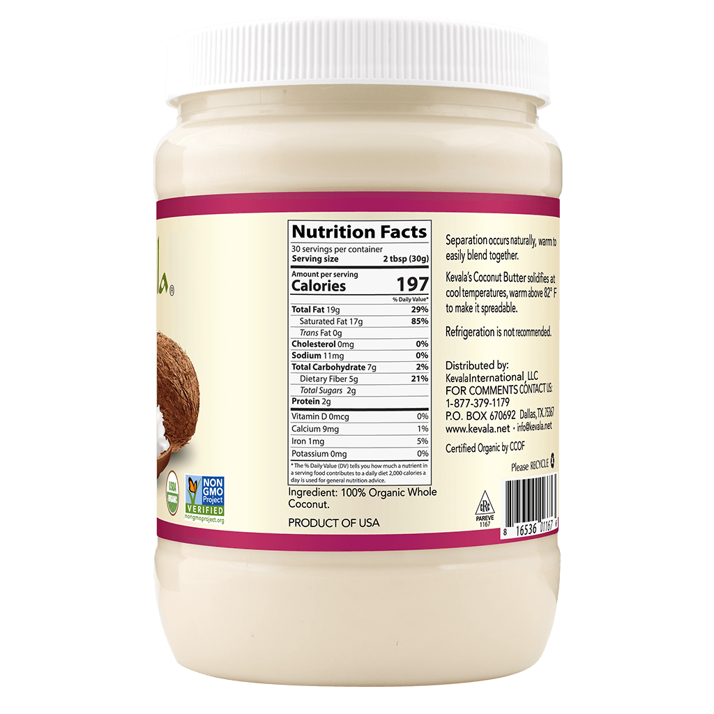 Kevala Organic Coconut Butter is smooth, silky, with a touch of sweetness, made with 100% organic whole coconut. Does not contain preservatives or any other additives.