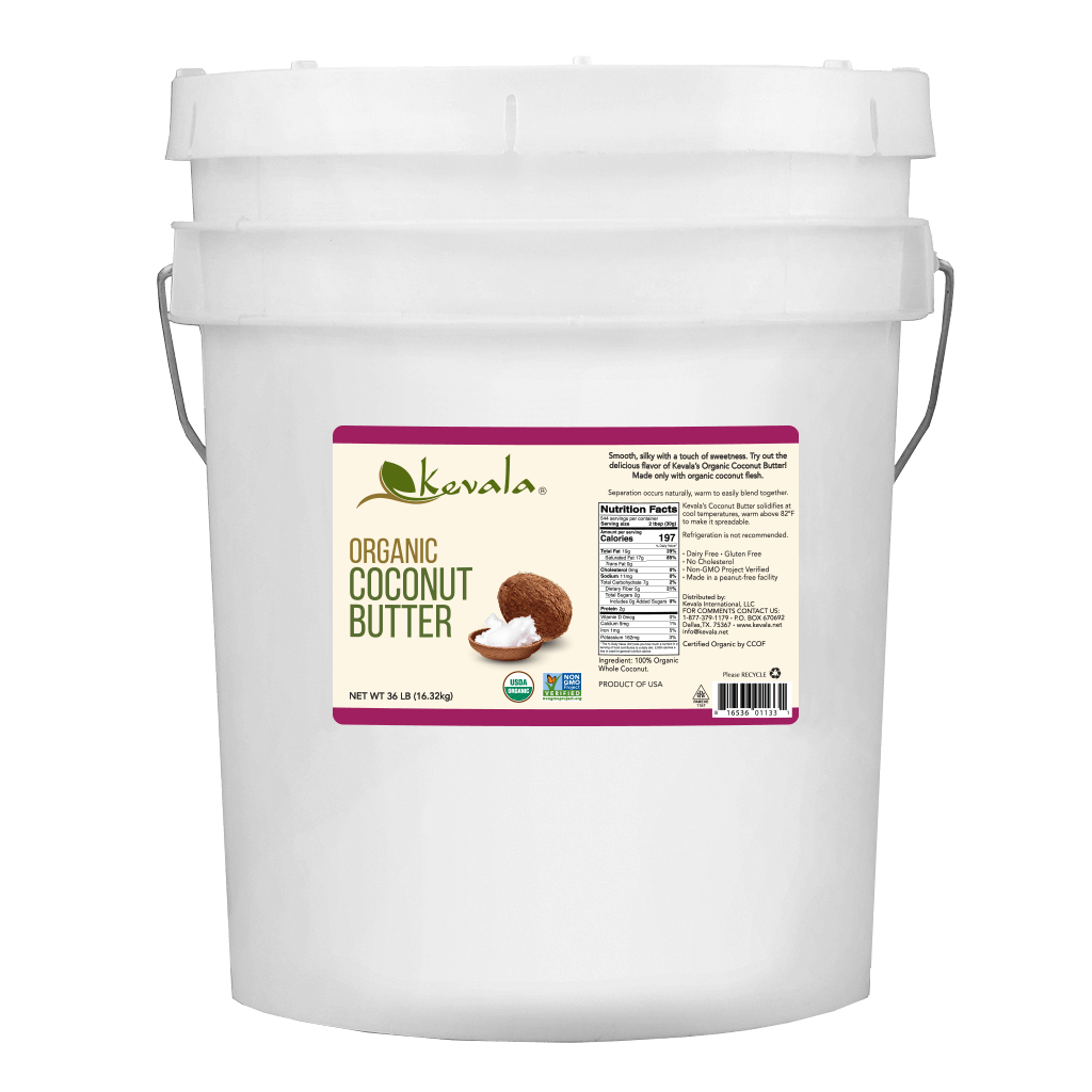 Kevala Organic Coconut Butter Bulk. Made with 100% organic whole coconut. Does not contain preservatives or any other additives.