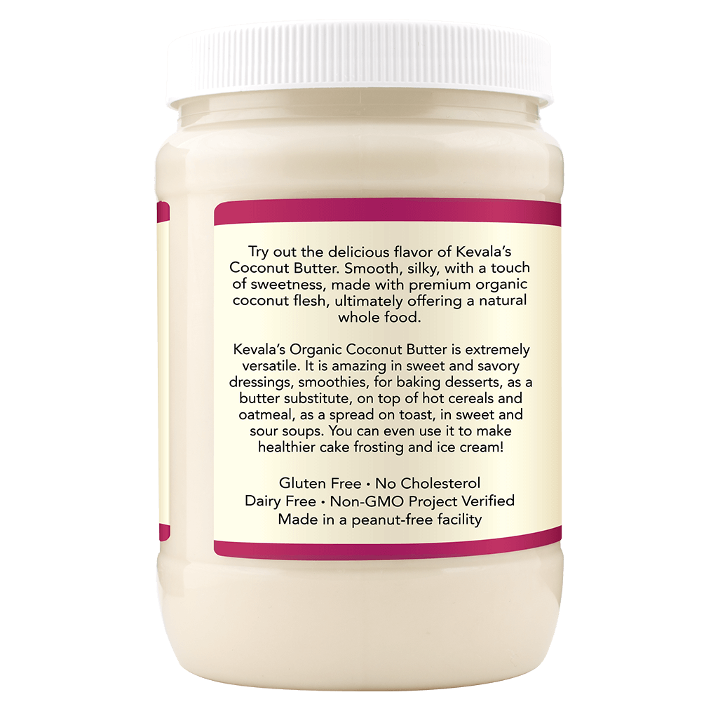 Kevala Organic Coconut Butter is smooth, silky, with a touch of sweetness, made with 100% organic whole coconut. Does not contain preservatives or any other additives.